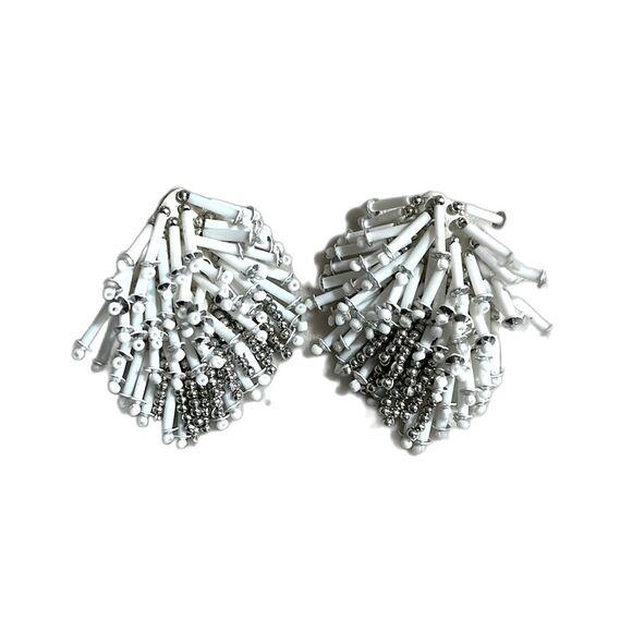 Beaded Diamond Shape Drop Clip On Earrings White Silver - Picture 1 of 4